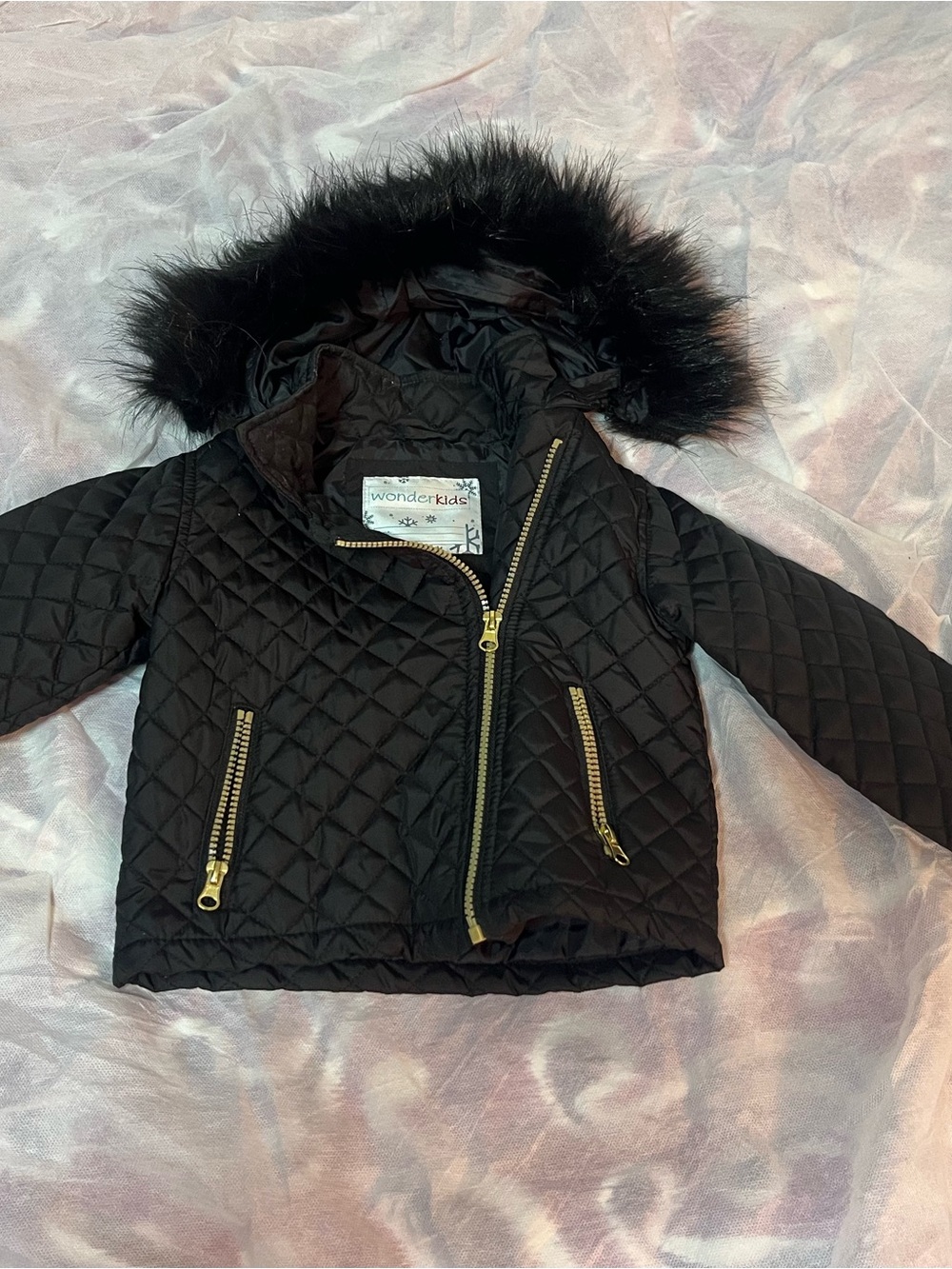 Wonderkids Black Quilted Hooded Puffer with Faux Fur Trim